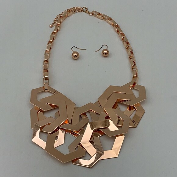 Statement Necklace and Earrings Set Rose Gold-tone Metal Chain - Picture 1 of 5